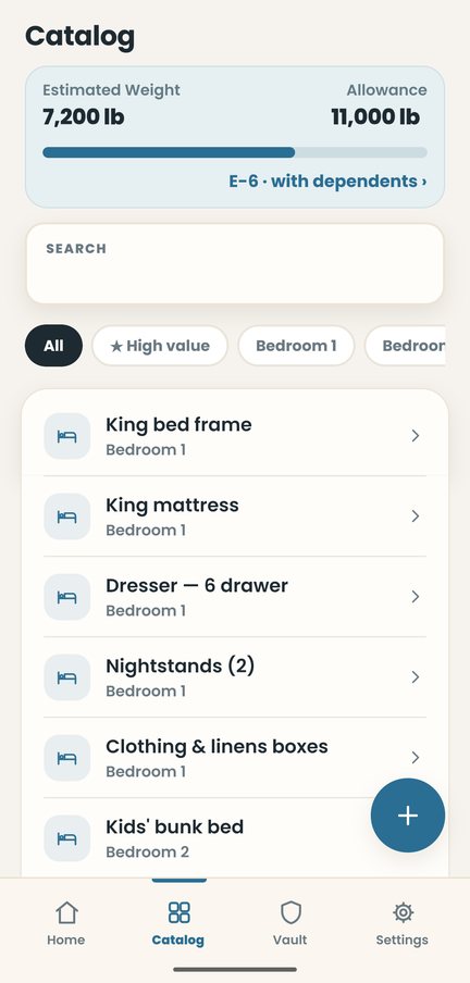 The PCS Pal Catalog screen: estimated shipment weight against the allowance, and the household items found in each room